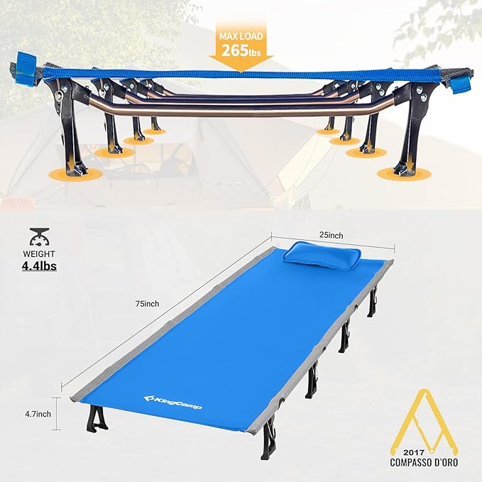 KingCamp Camping Cot Folding Portable Heavy Duty Ultralight Cots for Adults Camping Tent Hiking Backpacking Mountaineering Travel Indoor Outdoor Indoor Base Camp with Pillow Support 265 Lbs
