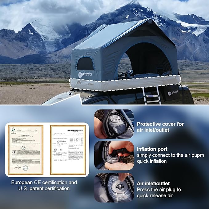 PlayDo Air Tents for Camping Rooftop Tent Easy Setup Inflatable Roof Tent Blow Up Car Top Tent for Pickup Truck SUV with Strip Light Ladder Air Mattress