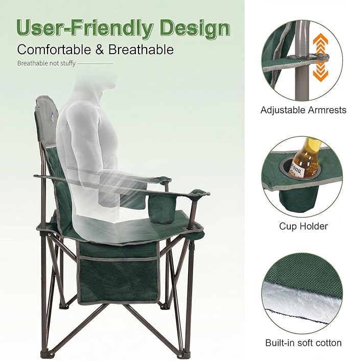 CAMPHILL Oversized Camping Chairs 2 Pack - Heavy Duty 400LBS Padded Lawn Chair with Cooler BagCup HolderSide PocketCollapsible for OutdoorCampFishing &amp GardenDark Green