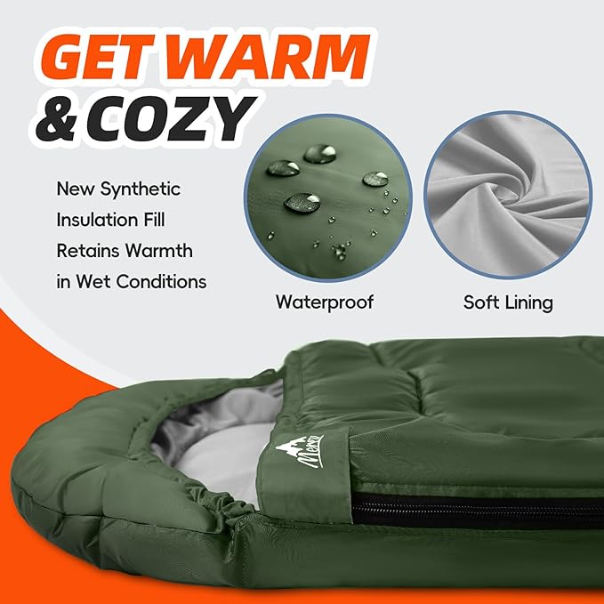 MEREZA Sleeping Bags for Adults Cold Weather Mens Warm Sleeping Bag for Big and Tall Girls Boys with Compression Sack for 3-4 Season Camping Backpacking Hiking