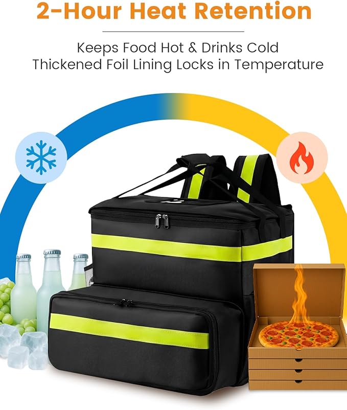 Bodaon Food Delivery Backpack with 2 Base Plates Dual-Layer Insulated Compartments Waterproof Lining Reflective Strip - Pizza Delivery Bag for Bike Couriers Grocery Takeout Food Transport