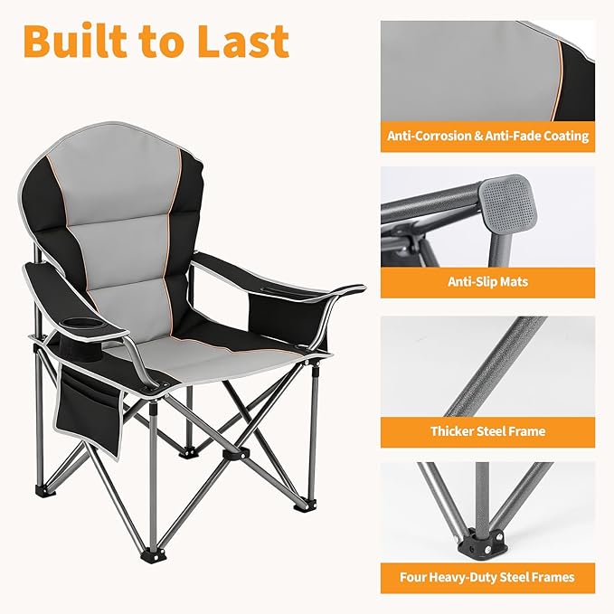 NEWBULIG Oversized Folding Camping Chair for Adults Portable Outdoor Collapsible Chairs 500 LBS Heavy Duty Support with Cup Holders Side Cooler &amp Pockets for Lawn Beach Fishing Hiking Bla