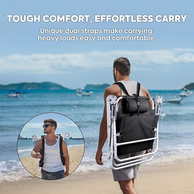 ICECO Backpacking Beach Chairs for Adults 5 Positions Reclining Chair Heavy Duty Folding Chairs Portable Lay Flat Outdoor Chair with Cup Holder for Beach Camping Lawn 350lb Capacity