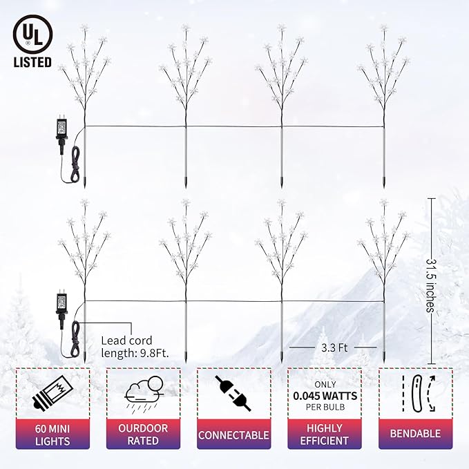 Brightown Snowflake Lights Outdoor Pathway 8 Packs Lighted Branches Christmas Yard Decor Small Tree with Lights Twig Branch Outdoor Christmas Decorations Pure White