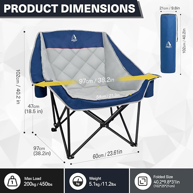 Oversized XL Camping Chair for Adults Heavy Duty | 450LBS Support Padded Folding Lawn Chairs with Side Pocket Cup Holder Cooling Bag for Outdoor Sports Garden Beach Fishing