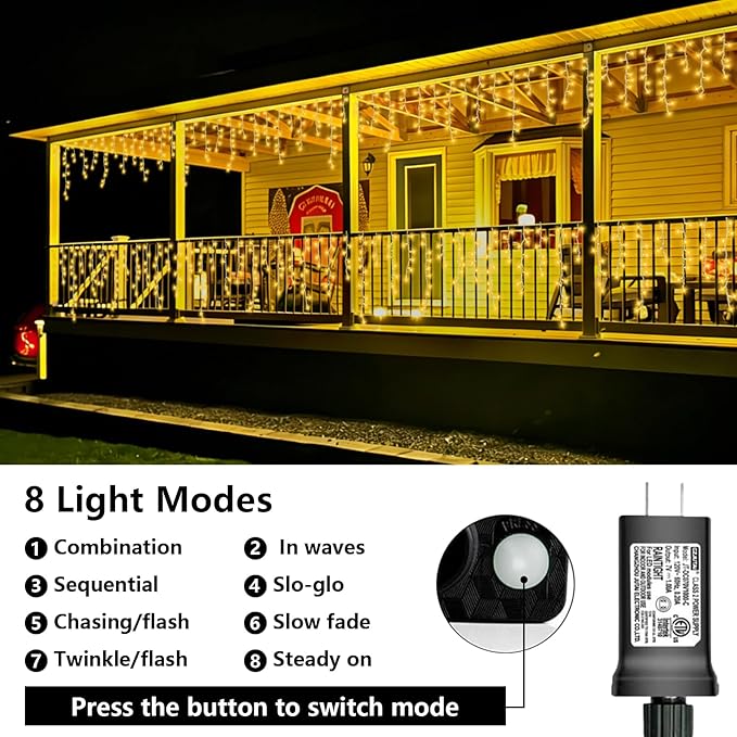 QITONG Warm White Icicle Lights for Outside 66ft 800 LED String Lights Indoor with 8 Modes Clear Wire Connectable Icicle Christmas Light Plug in