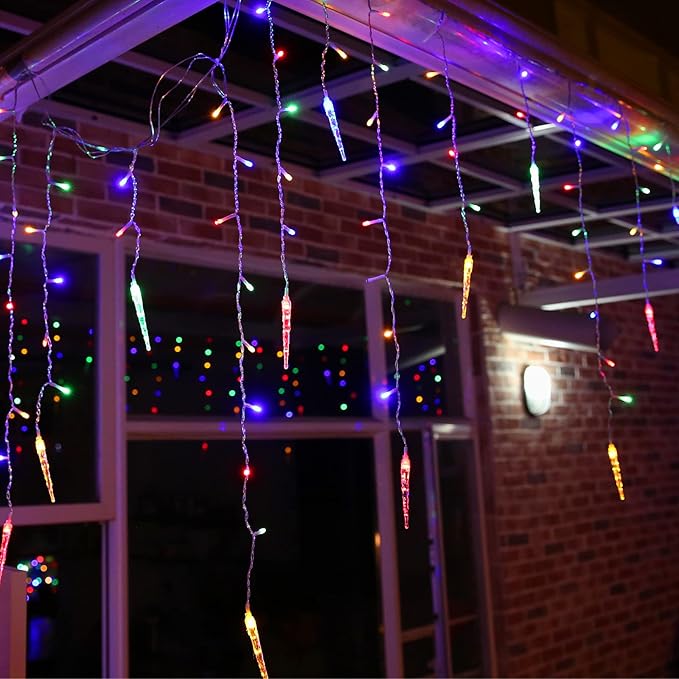 LYHOPE Christmas Icicle Lights 432 LED 35.4ft 8 Modes Low Voltage Icicle String Lights with 72 Drops Icicle Fairy Twinkle Lights for Xmas Eaves Wedding Garden Outdoor Indoor Decor (Multicolor)