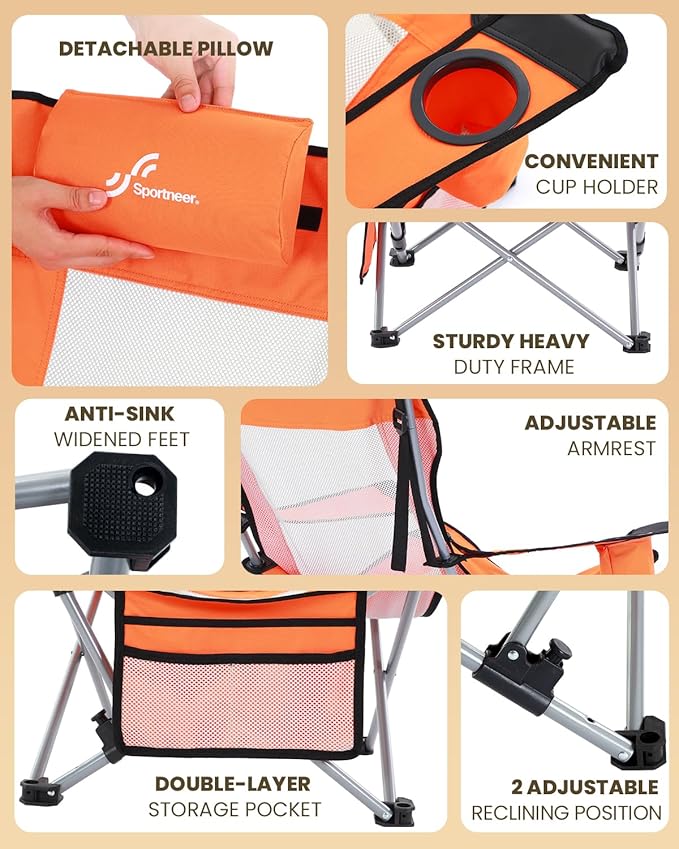 Sportneer Beach Chair: Adjustable Folding Chair with Cup Holder &amp Side Pocket - Portable &amp Compact Beach Chairs for Adults with Reclining Positions for Camping Picnic and Outdoor Orange