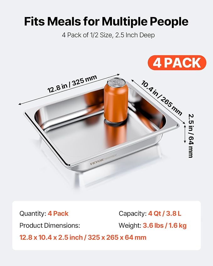 VEVOR 4 Pack Stainless Steam Hotel Pan 1/2 Size Table Steam Pan 2.5 Inch Deep Anti Jam Restaurant Supplies Reusable Rustproof Catering Storage for Home Party Restaurant Hotel Buffet