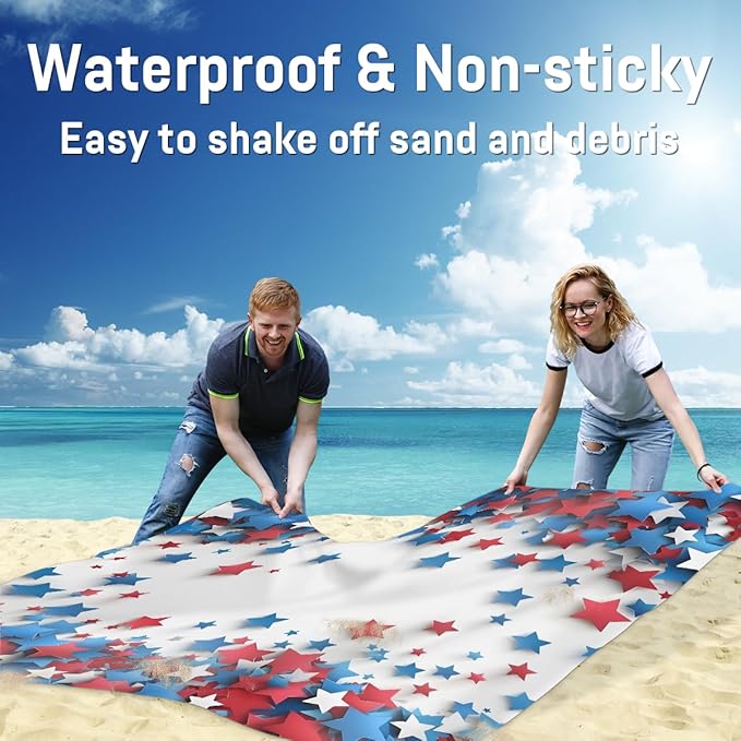 Waterproof Sandproof Beach Blanket 59''×68'' Two-Color Pentagram Polyester Outdoor Picnic Blanket with 4 Stakes &amp Storage Bag for BeachCampingVacation