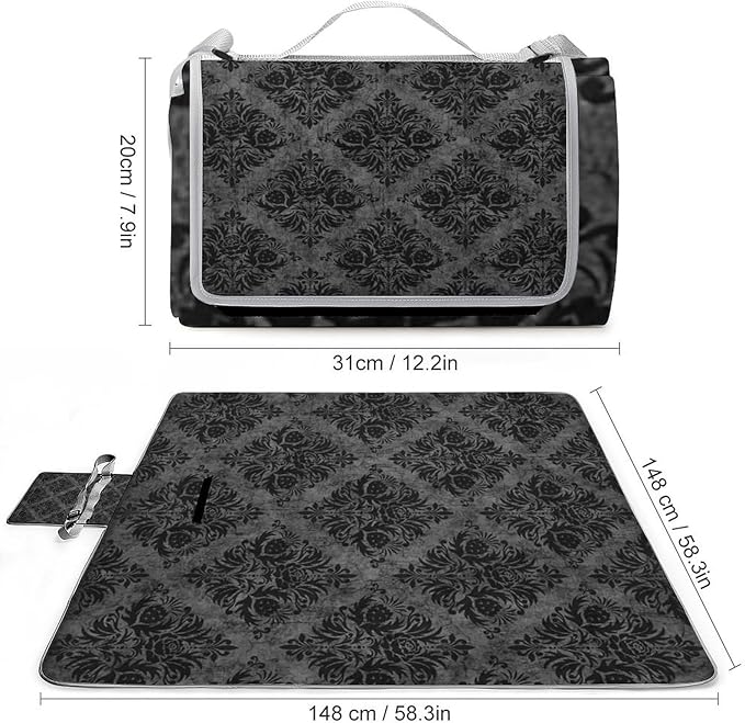 Gothic Skulls Damask Style Black White Waterproof Outdoor Picnic Blanket Sandproof Beach Mat for Camping Hiking Grass Travelling