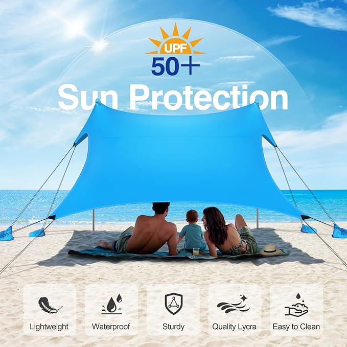 Rhino Valley Beach Tent Shade Canopy UPF50+ Protection 8 Sandbags 4 Stability Poles Outdoor Sun Shelter Umbrella for Sand Camping Fishing Essentials