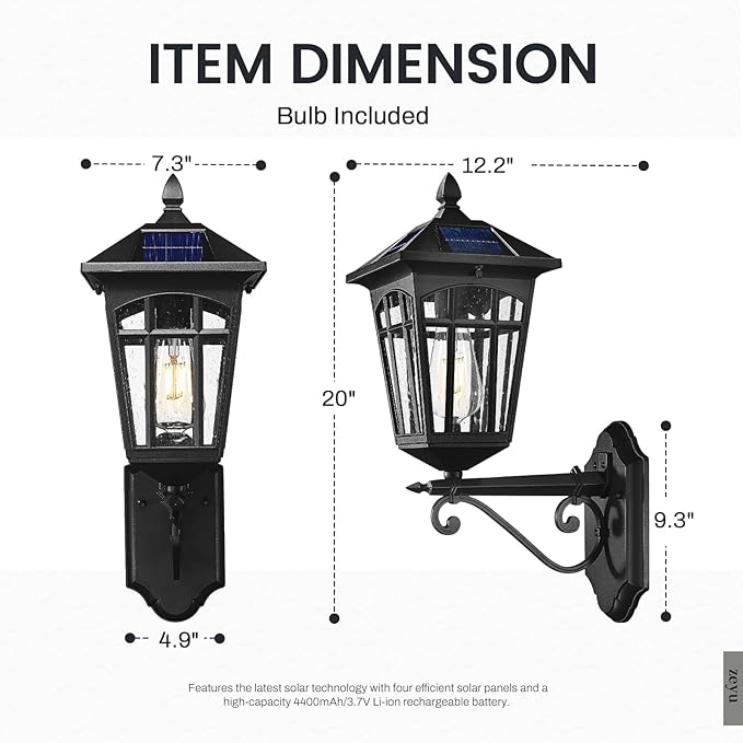 zeyu Outdoor Solar Wall Lantern 20 Inch Exterior Solar Porch Light with Remote Die-Cast Aluminum with Seeded Glass Shade Black Finish ZYX113B SL BK
