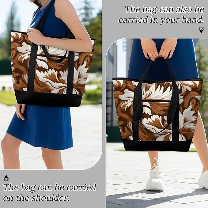 Insulated Shopping BagLarge Reusable Cooler Bags Brown And White Pattern Printed Foldable Shopping BagTravel Waterproof Shoulder Bag