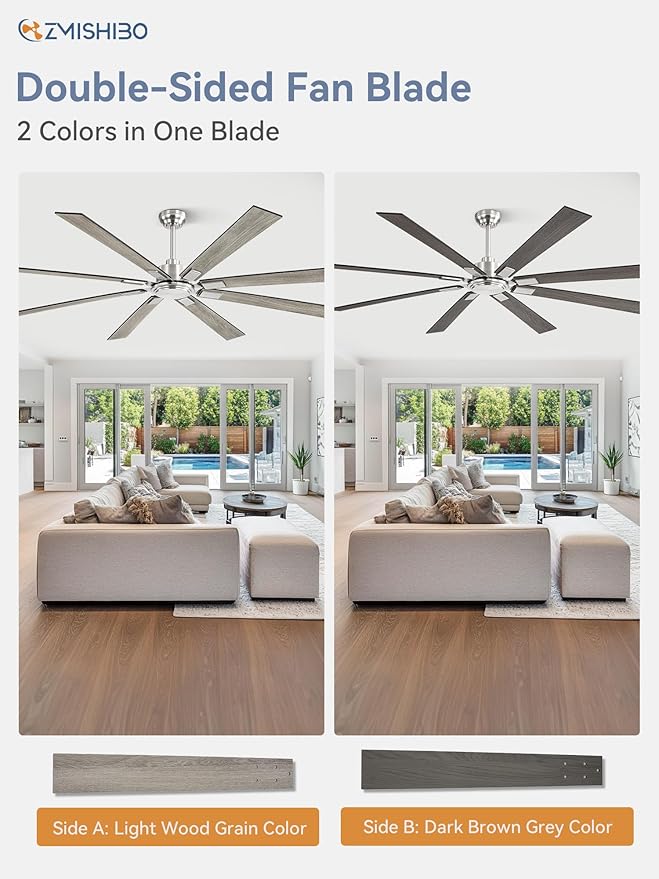 80 Inch Ceiling Fan No Light with Remote Control 8 Blades Quiet DC Reversible Motor 6-Speed Timer Brushed Nickel Finish Indoor Outdoor Ceiling Fans for Patios Living Room Garage