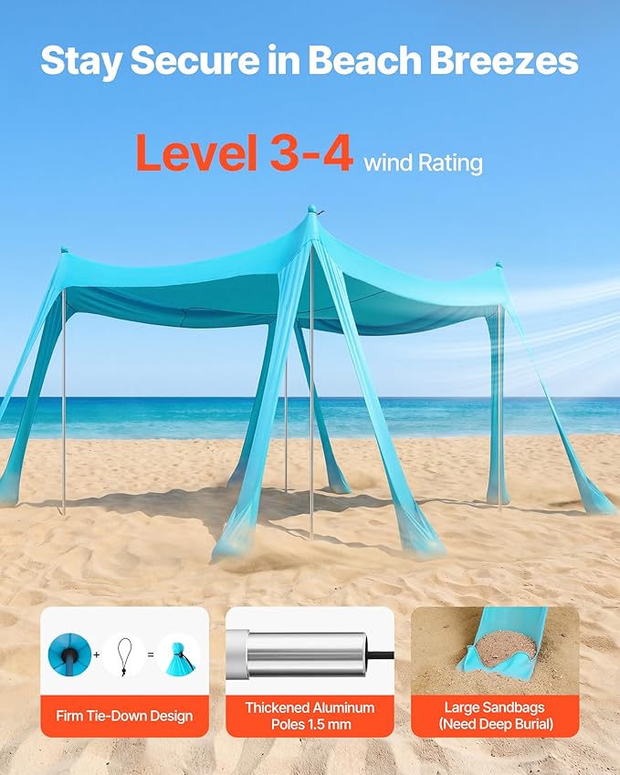 VEVOR Beach Tent Sun Shelter UPF50+ Sun Protection 6.6 ft Tall 10 x 10 ft Easy Pop Up Beach Canopy with Sandbags Stability Poles Sand Shovels Portable Shade for Family Camping Fishing Green