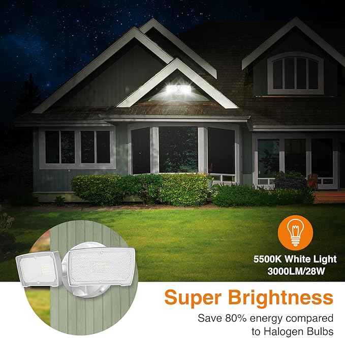 LEPOWER 28W 3000LM ‌LED Security Flood Light‌ ‌Outdoor‌ Switch Controlled Aluminum ‌Security Light‌ 2 Adjustable Heads 5500K Daylight IP65 Waterproof Wet Location for Patio Garden Yard Lights