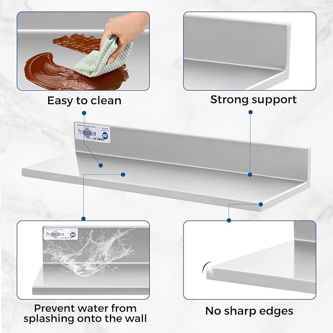 Profeeshaw Stainless Steel Shelf Wall Mounted Commercial Stainless Steel Shelves 8.6 * 24 Inch 50lb Heavy Duty Commercial Kitchen Shelf for Restaurant Bar Utility Room Kitchen and Garage