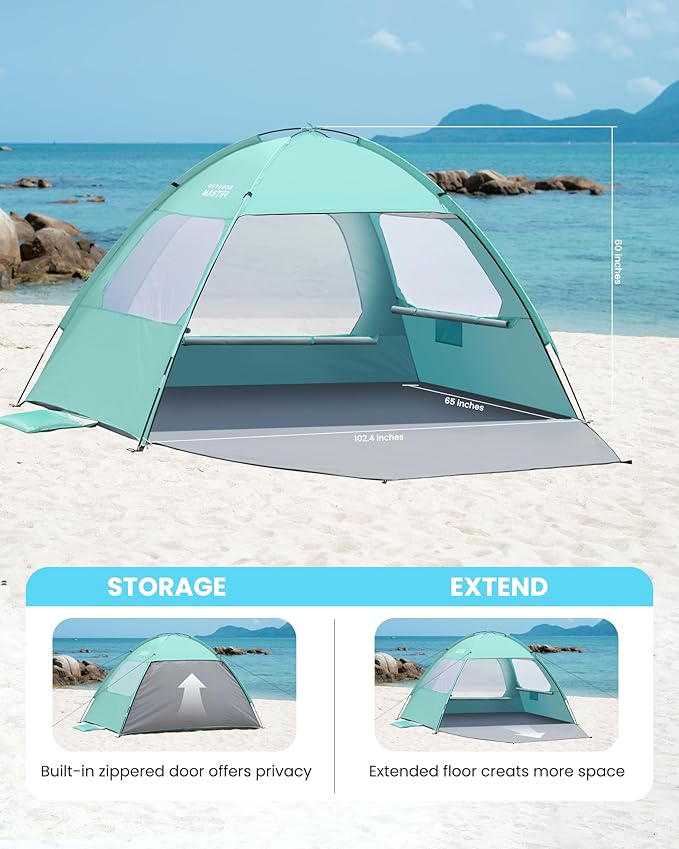 OutdoorMaster Beach Tent for 3/4/6/8 Person - Easy Setup Sun Shade Shelter Portable Beach Shade Sun Canopy with UPF 50+ UV Protection Removable Skylight Family Size