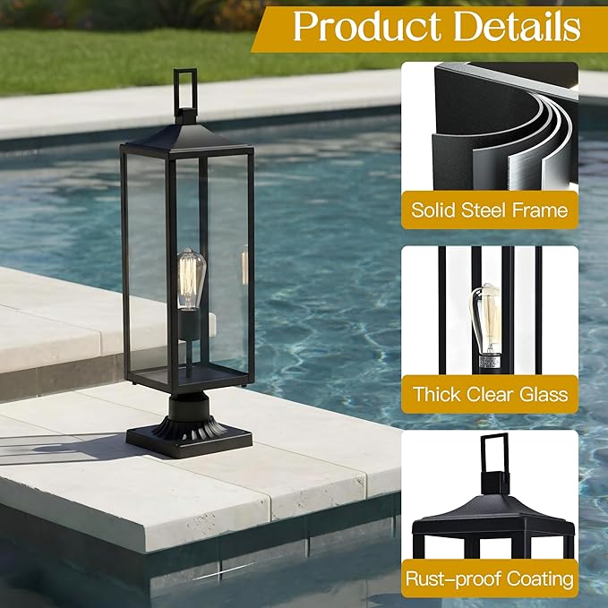 25.6” Hardwired Outdoor Post Lamp for Residential Sidewalk Lamp Post Outdoor Lighting for Exterior Gate Post Pier Mount Lights Large Size Steel and Glass 25.6inch Exterior Pillar Lantern E26