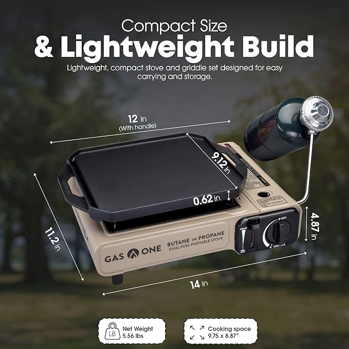 GasOne GS-3400P-KIT Propane or Butane Gas Stove with Flat Top Griddle Included – Dual Fuel Propane Grill Tent Stove Burners for Cooking for Camping Kitchen – Diecast Aluminum with Non Stick Coating