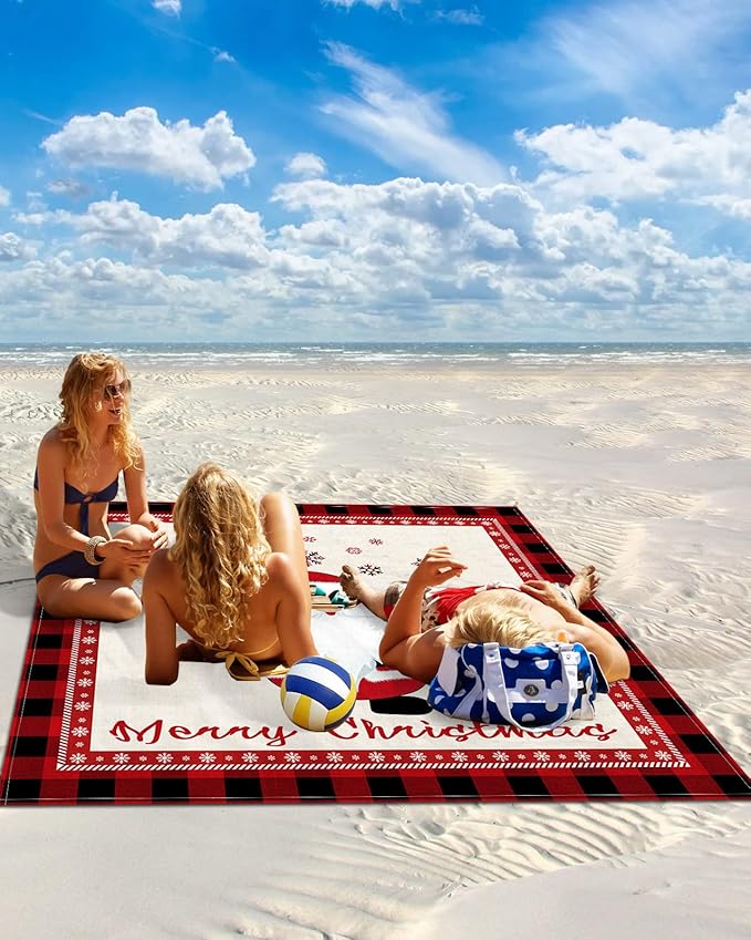 Beach Blanket Waterproof Sandproof OversizedMerry Christmas Cute Santa Winter Snowflake Beach Mat with Corner Stakes Sand PocketsRed Buffalo Plaid Black Check Outdoor Picnic Mat for Travel 95x80In