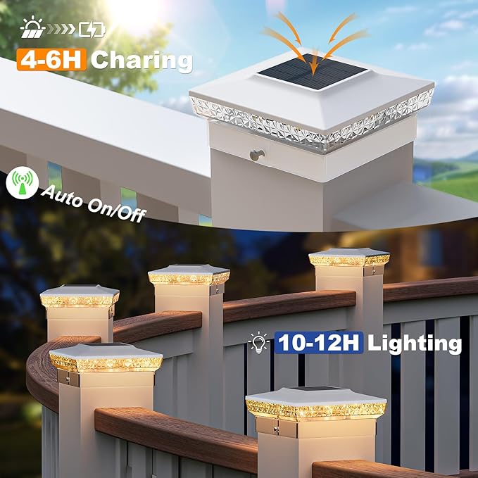 APONUO Solar Post Cap Lights for 4x4 5x5 Wood &ampVinyl Posts 3 Light Modes &amp 800mAh Battery IP65 Waterproof Rugged Unibody Solar Outdoor Lights for Fence Deck &amp Patio (White 12 Pack)