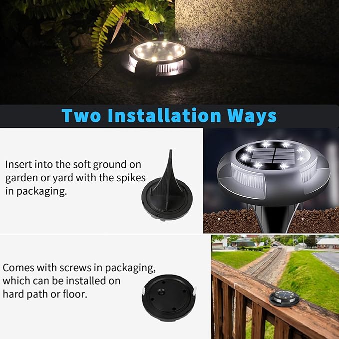 Solar Ground Lights Outdoor Waterproof 8 Pack 12 LEDs Solar Garden Disk Lights Landscape Lighting for Outside Pathway Deck Yard Patio Lawn Driveway Walkway Deco (White Lights)
