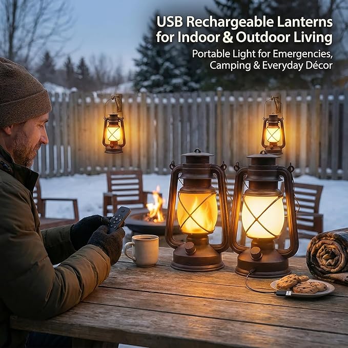 Lantern LED Battery Powered Camping Lamp Outdoor Hanging Rechargeable Lantern Flickering Flame Retro Lanterns Remote Control 4 Modes Light Non-Solar 2 Pack