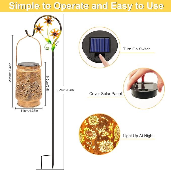 Sunflower Solar Lanterns Outdoor Waterproof Gifts for Women Mom Grandma Birthday Metal Hanging Lantern Solar Lights LED Decoration with Shepherd Hook Outside for Yard Patio Porch Garden Decor