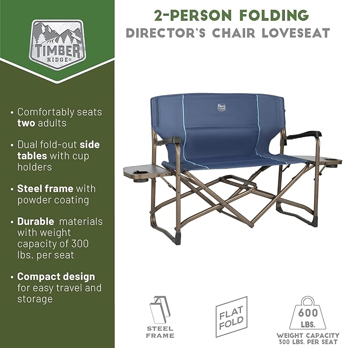 Timber Ridge Double Camping Chair Foldable Loveseat Directors Chairs Oversized Double Folding Camping Chairs with 2 Side Tables 2 Person Lawn Chair Heavy Duty Support 600 LBS for Outdoor Blue