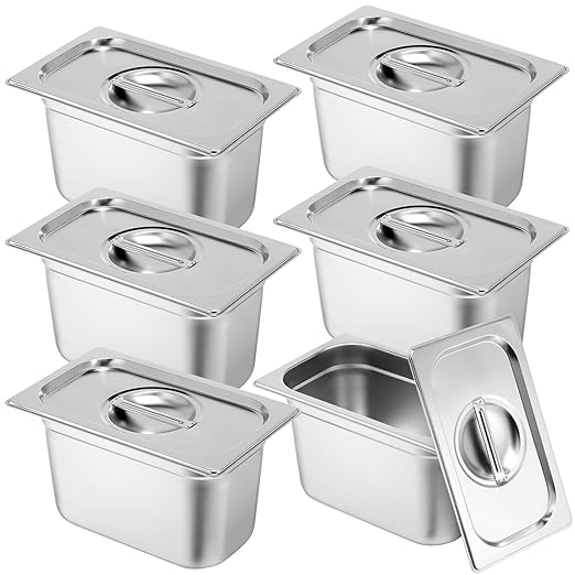 Thenshop 6 Pack Stainless Steam Hotel Pan with Lid Deep Steam Table Pan Reusable Anti Rust Water Restaurant Supplies for Home Party Buffet(10.43 x 6.38 x 5.91 Inches Pans1/4 Size Lids)