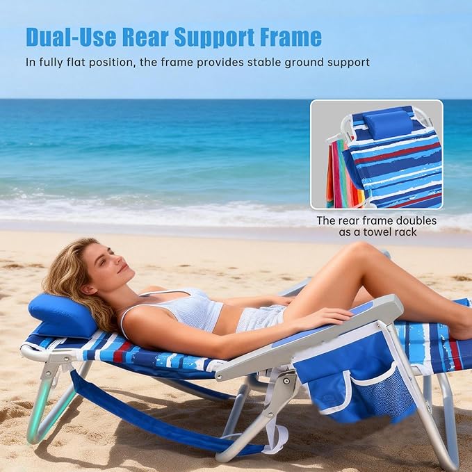 SUNNYFEEL Beach Chairs for Adults 2 Pack 5 Position Lay Flat Portable Folding Backpack Beach Chair Heavy Duty with Cooler Bag Cup Holder for Outdoor/Lawn/Picnic Foldable Camping Chair