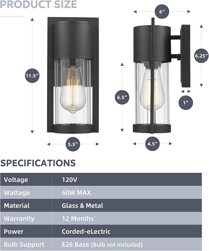 Outdoor Wall Lights 2 Pack Black Exterior Lighting Fixtures Outdoor Waterproof Wall Mount Lantern with Glass Modern Outside Wall Sconce for House Porch Garage Doorway 2254/1W-2PK