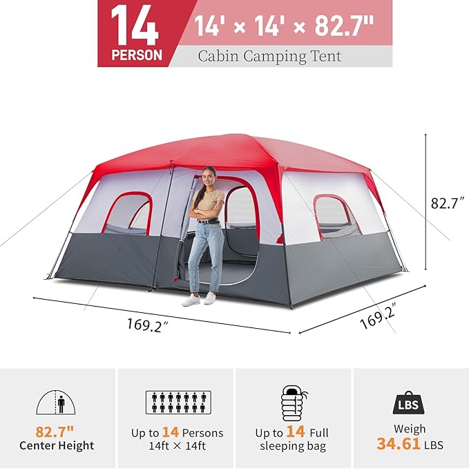 430 * 430 * 210cm Polyester Cloth Fiberglass Poles Can Accommodate 14 People Camping Tent Red and White