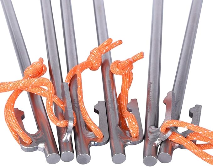 iBasingo 6-Pack Titanium Tent Stakes 20/24/30/35/40cm with Reflective Ropes Ultralight Backpacking Stakes for Camping Hiking Picnic Corrosion-Resistant &amp Durable Ground Pegs Ti4012P