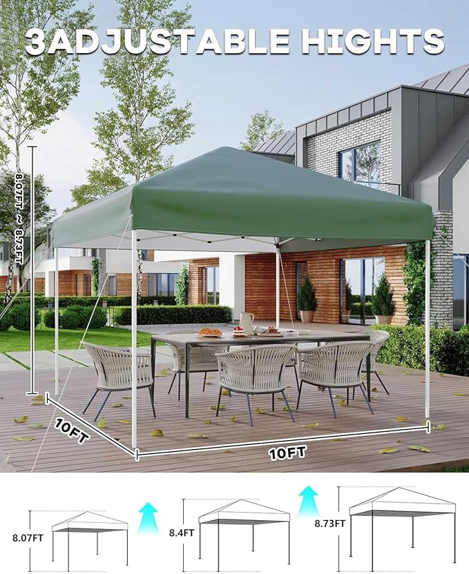 10x10 FT Pop Up Canopy Tent – Outdoor Sun Shade Shelter 3 Adjustable Heights Easy Setup 4 Sandbags &amp Carry Bag Great for Camping Backyard Parties Commercial Storage – Green
