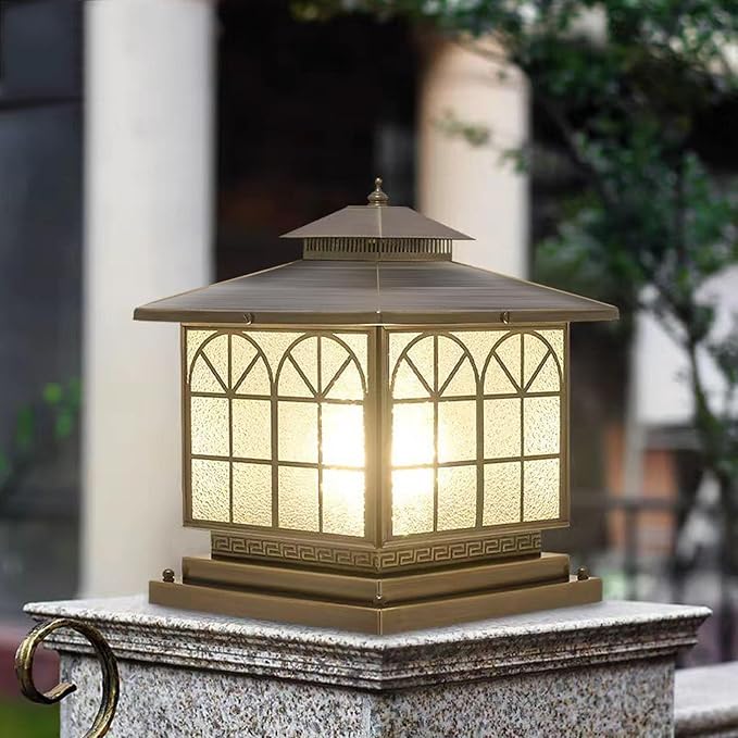 All Copper Steel Glass Outdoor Post Lights Waterproof Pillar Light Vintage Patio Lawn Column LampOutdoor Column LightsDeck Lights Lantern Fence Lamp Fixture E26 Base (Arch Glass 12X12IN)
