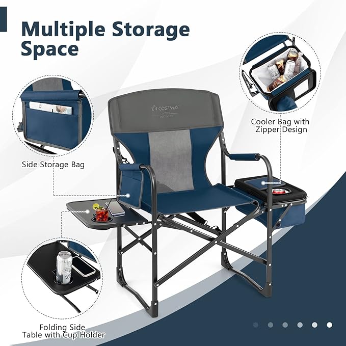 COSTWAY Folding Camping Chair Heavy-Duty Director Chair Supports 400lbs for Adults with Side Table Cooler Bag Storage Strap Portable Makeup Chair Suitable for Fishing Picnic