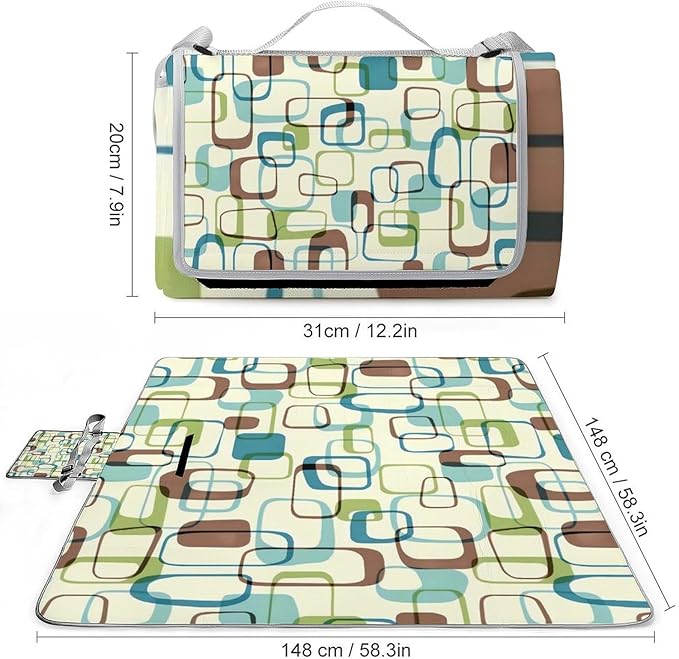 Colorful Retro Mid Century Modern Atomic Pattern Waterproof Outdoor Picnic Blanket Sandproof Beach Mat for Camping Hiking Grass Travelling