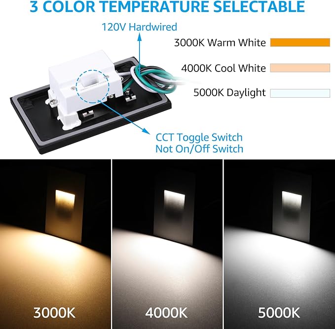 LEONLITE 5CCT 120V LED Step Lights 3.5W 150LM 5%-100% Dimmable Indoor Outdoor Waterproof Vertical Stair Light 2700K/3000K/3500K/4000K/5000K Selectable CRI90 ETL Aluminum Black Pack of 6