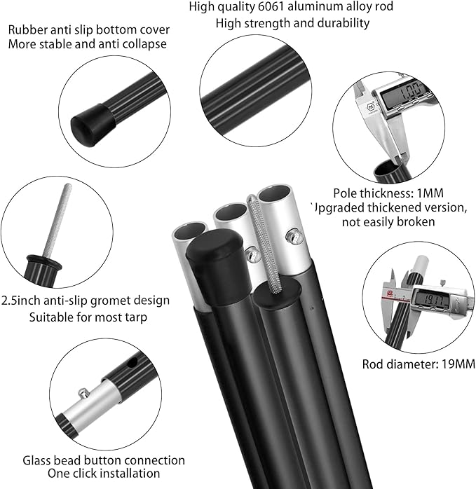 SAN LIKE Aluminum Tent Poles for Tarp - 75in Collapsible Poles for Awnings Canopy Rain Fly Shelter - 4 Sets-5 Sections