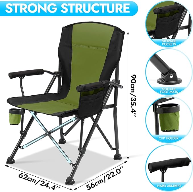 2 Pack Oversized Folding Camping Chair for Adults Supports 450 LBS Camping Chairs Heavy Duty Camping Chair with Side Pockets Foldable Outdoor Chair for Camping Beach Fishing Hiking Green-Black