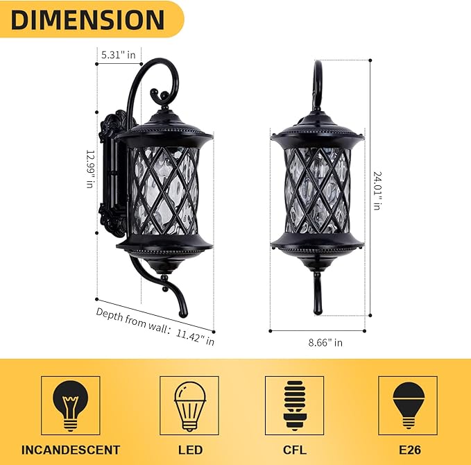 Retro Large Outdoor Wall Lanterns 24 Exterior Light Fixtures Coach Light Waterproof Aluminium with Water Glass Outside Wall Lamps for House Front Door Garage Porch Lighting Black