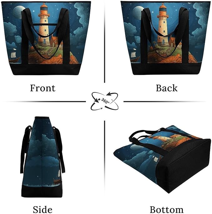 Insulated Shopping BagLarge Reusable Cooler Bags Catoon Whale Lighthouse Printed Foldable Shopping BagTravel Waterproof Shoulder Bag