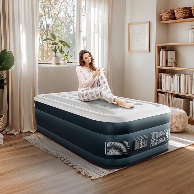 VINGLI Air Mattress Twin with Built-in Pump 18 Raised Comfort Blow Up Mattress with Double Air Chamber Inflatable Mattress Air Bed for Camping Home Dorms &amp TravelCarry Bag