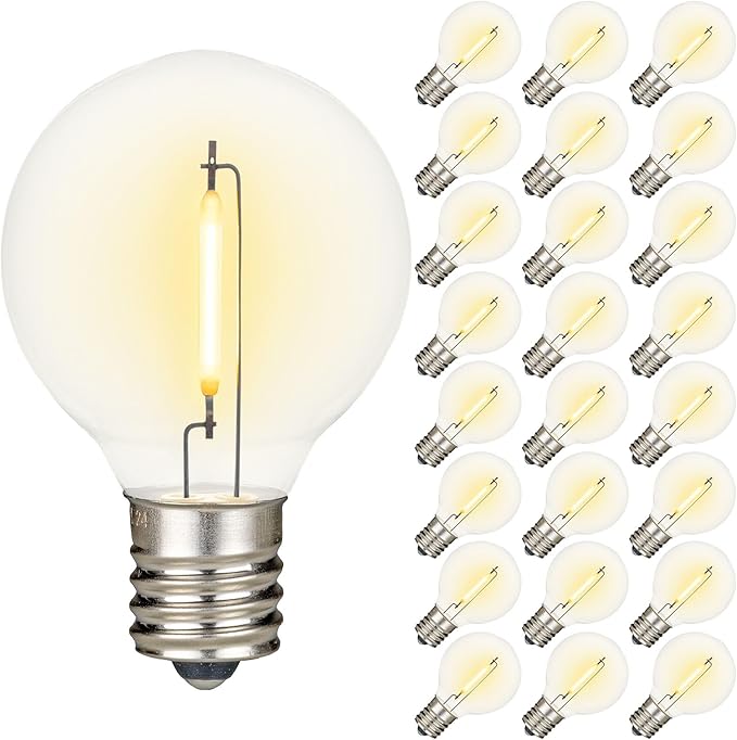 Novelty Lights 25 Pack Warm White G40 LED Filament String Light Bulbs E12/C7 Candelabra Base 5 Watt Equivalent Shatterproof Replacement Bulbs for Patios Canopy Lighting