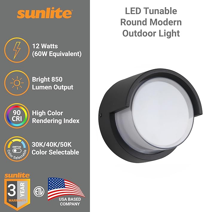 Sunlite 85106 LED Round Modern Outdoor Light Fixture with Canopy 12 Watts 850 Lumens Color Selectable 30K/40K/50K 90 CRI ETL Listed Black for Entryway Garage and Porches
