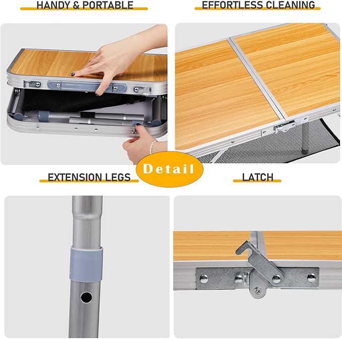 2 FT Folding Camping Table with Storage Portable Fold-in-Half Camp Kitchen Party Table 3 Height Adjustable &amp Carry Handle Rectangular Card Tables for Outdoor Picnic BBQ Backyard (Wooden Pattern