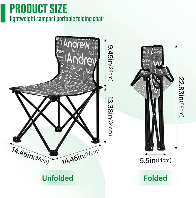 Sinestour Dark Gray Custom Folding Camping Chair for Teen Child Personalized Name 14.6×14.6in Portable Outdoor Chair with Carry Bag for Beach Picnic Travel